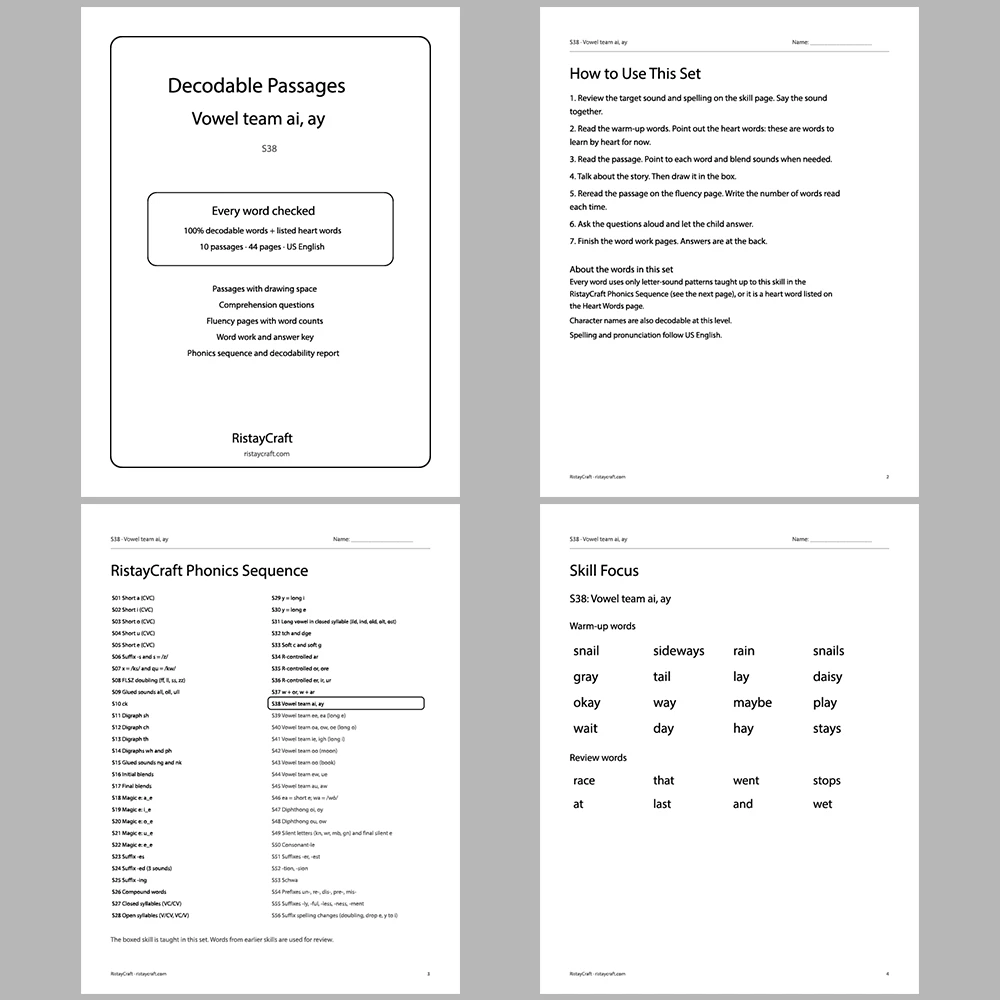 Vowel team ai, ay Decodable Readers | 10 Stories 44 Pages | Phonics Printable PDF | Ages 6-8