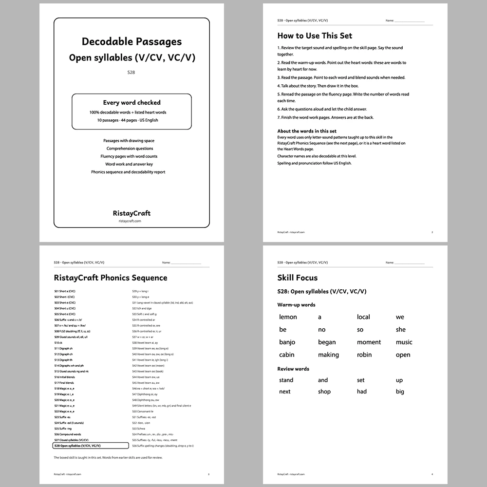 Open syllables (V/CV, VC/V) Decodable Readers | 10 Stories 44 Pages | Phonics Printable PDF | Ages 6-8