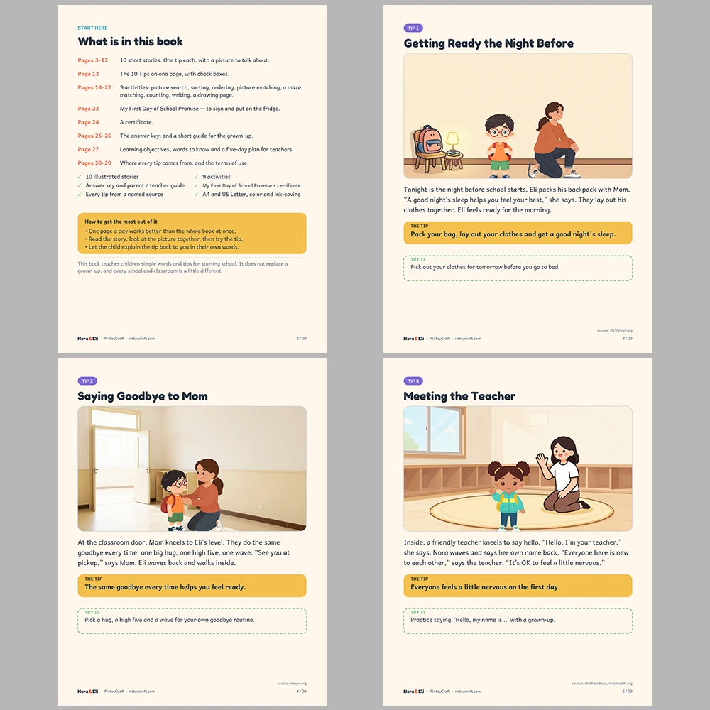 First Day of School Social Narrative for Kids | 29-Page Printable Big Moment Story Ages 4–8 | Goodbye Routine Circle Time Activities