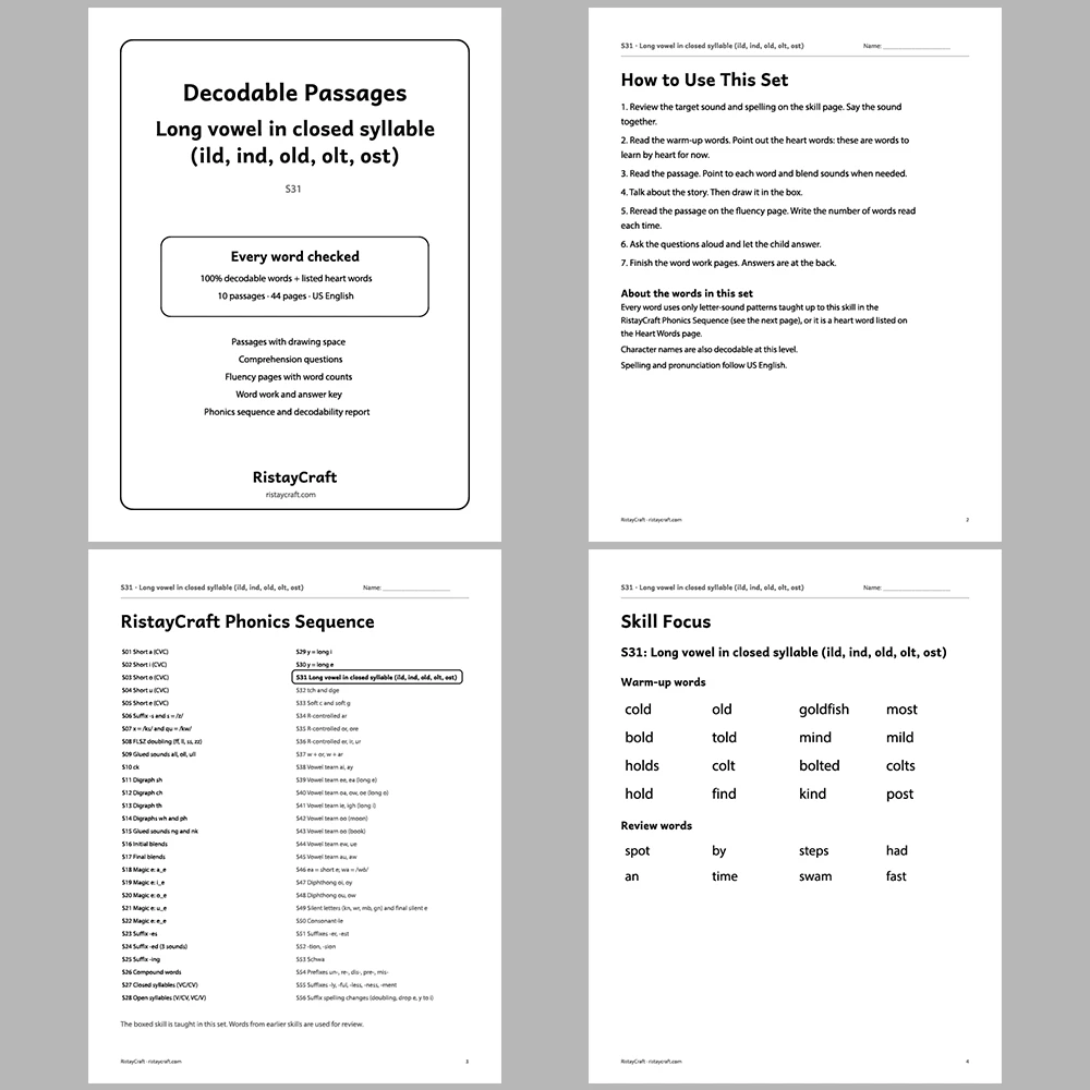 Long vowel in closed syllable (ild, ind, old, olt, ost) Decodable Readers | 10 Stories 44 Pages | Phonics Printable PDF | Ages 6-8