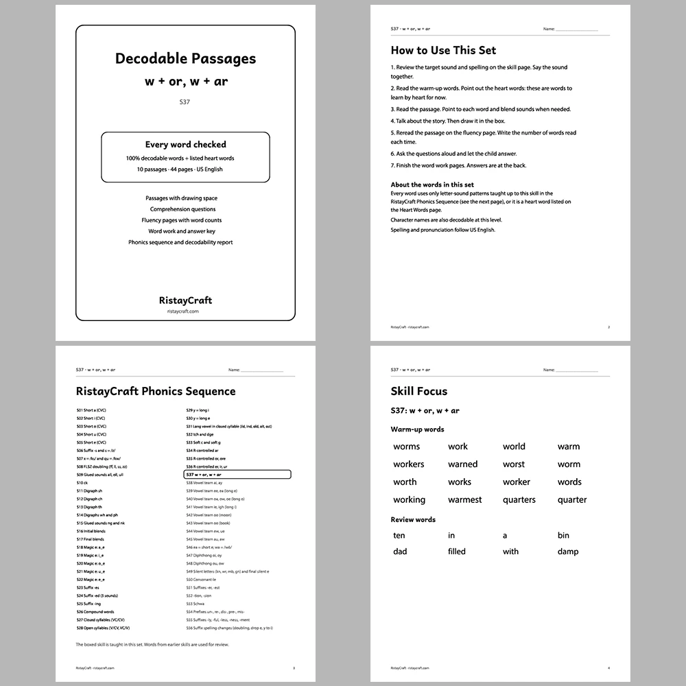 w + or, w + ar Decodable Readers | 10 Stories 44 Pages | Phonics Printable PDF | Ages 6-8