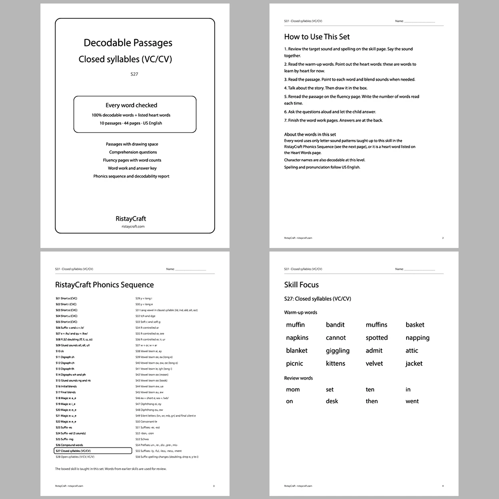 Closed syllables (VC/CV) Decodable Readers | 10 Stories 44 Pages | Phonics Printable PDF | Ages 6-8