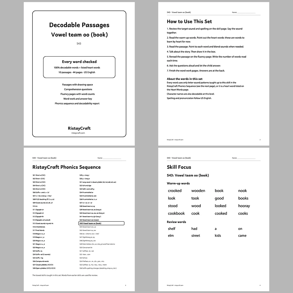 Vowel team oo (book) Decodable Readers | 10 Stories 44 Pages | Phonics Printable PDF | Ages 6-9