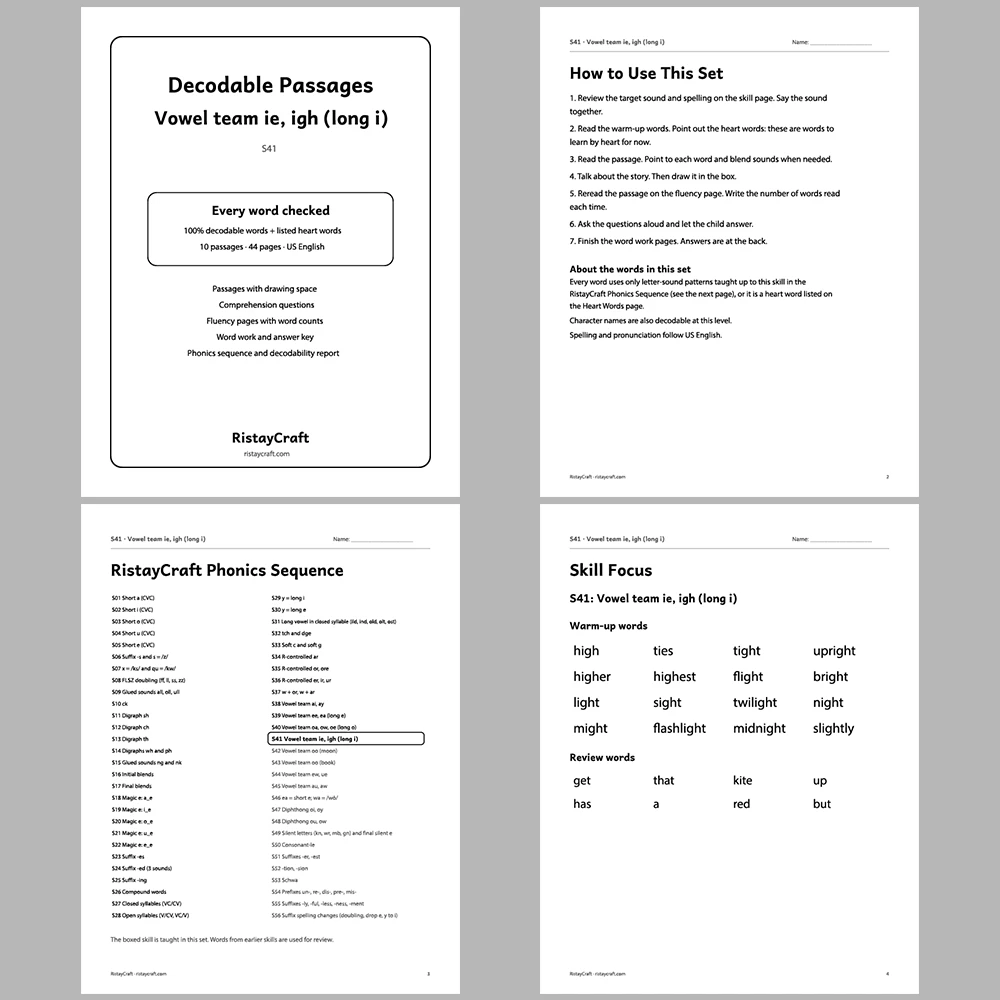 Vowel team ie, igh (long i) Decodable Readers | 10 Stories 44 Pages | Phonics Printable PDF | Ages 6-9