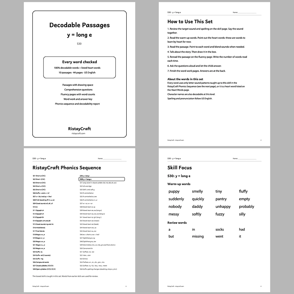 y = long e Decodable Readers | 10 Stories 44 Pages | Phonics Printable PDF | Ages 6-8