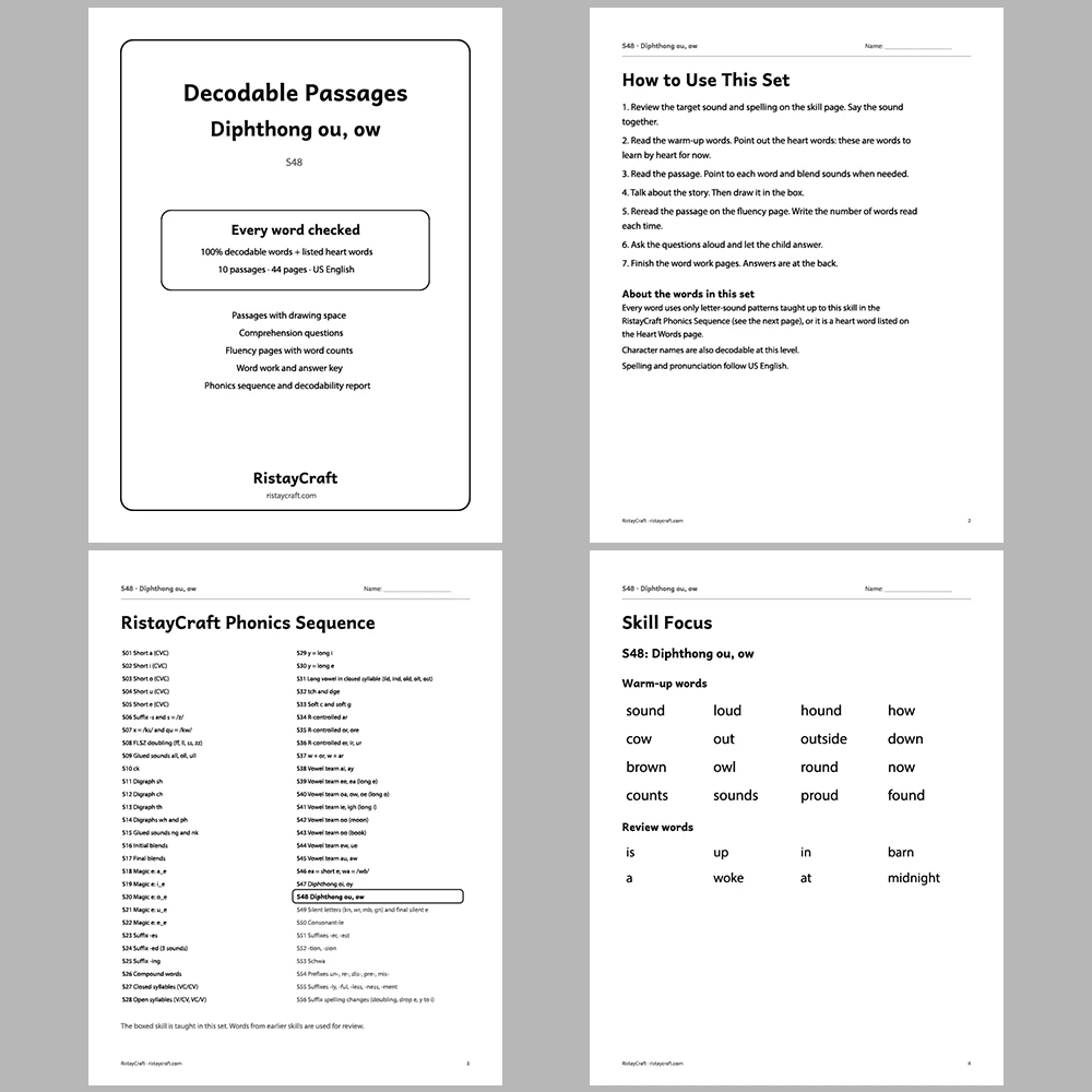 Diphthong ou, ow Decodable Readers | 10 Stories 44 Pages | Phonics Printable PDF | Ages 6-9