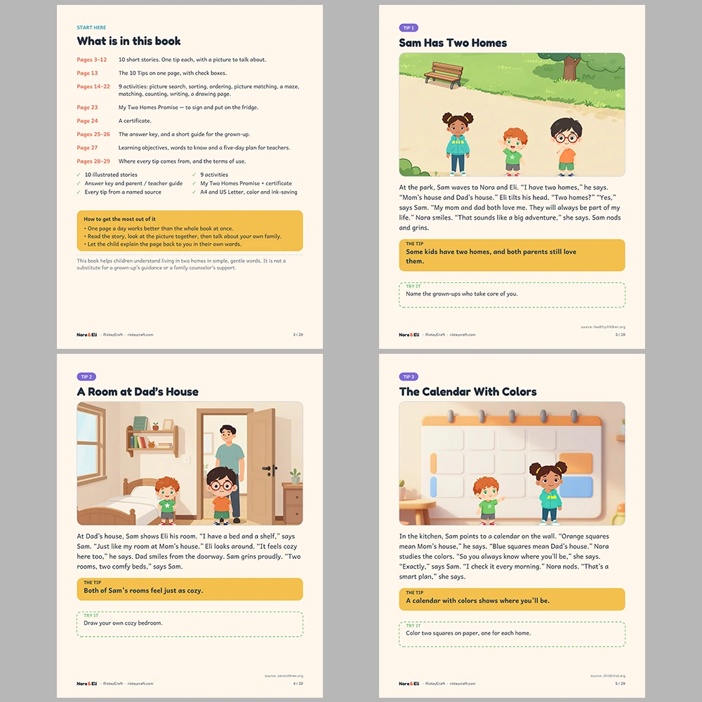 Two Homes Social Narrative for Kids | 29-Page Printable Big Moment Story Ages 4–8 | Sam Has Two Homes Divorce Support Workbook