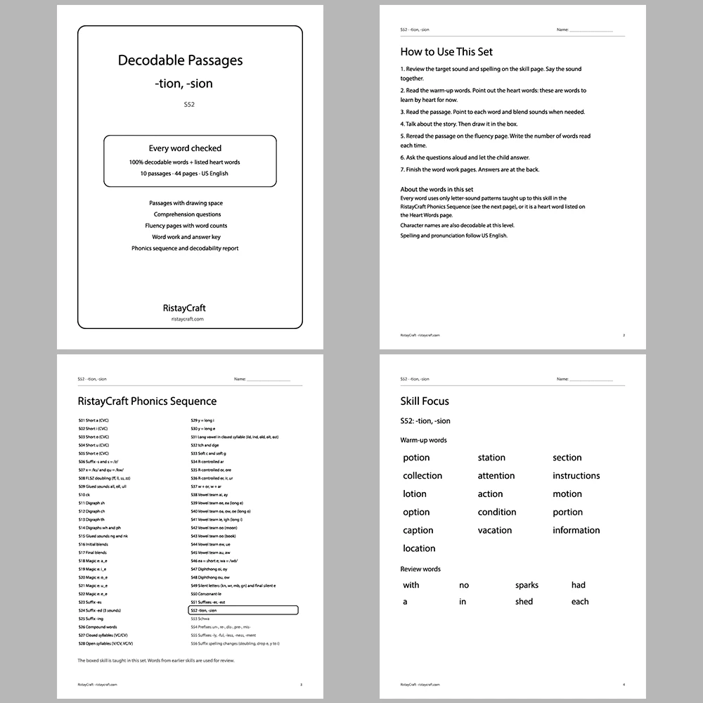 -tion, -sion Decodable Readers | 10 Stories 44 Pages | Phonics Printable PDF | Ages 6-9