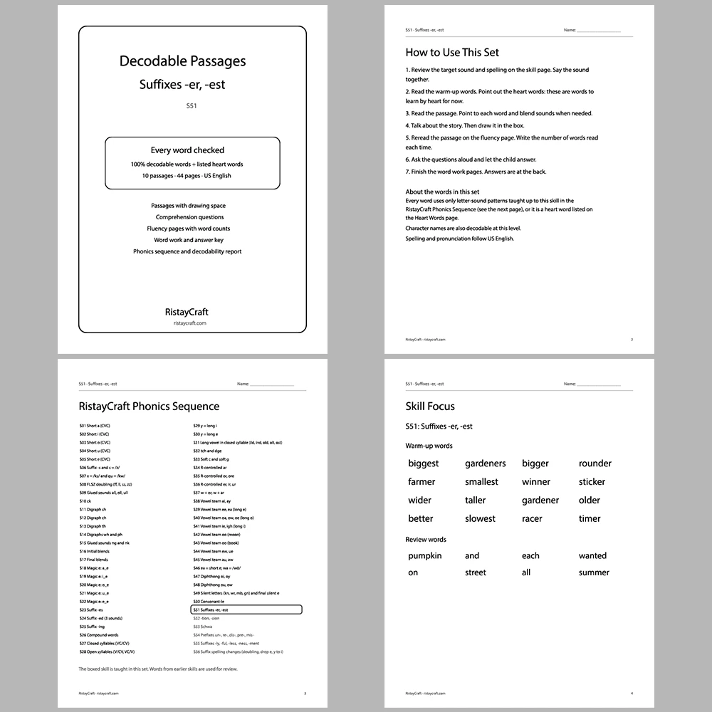 Suffixes -er, -est Decodable Readers | 10 Stories 44 Pages | Phonics Printable PDF | Ages 6-9