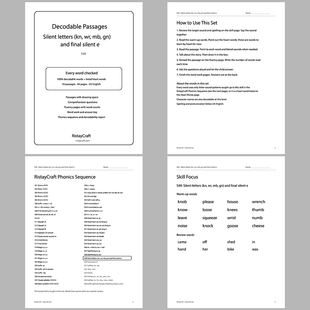 Silent letters (kn, wr, mb, gn) and final silent e Decodable Readers | 10 Stories 44 Pages | Phonics Printable PDF | Ages 6-9