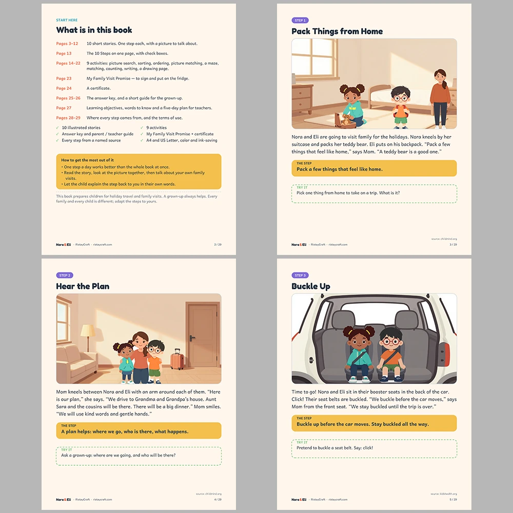 Holiday Travel and Visiting Family Social Narrative for Kids | 29-Page Printable Big Moment Story Ages 4–8 | Car Trip Relatives Activities