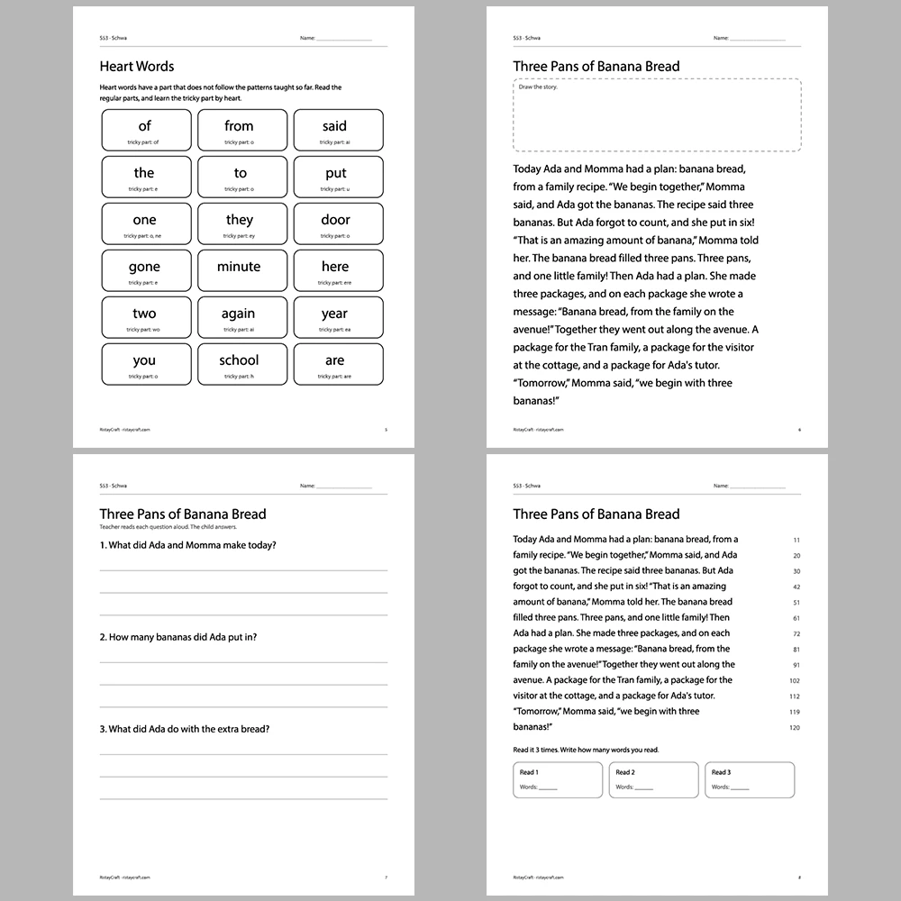 Schwa Decodable Readers | 10 Stories 44 Pages | Phonics Printable PDF | Ages 6-9