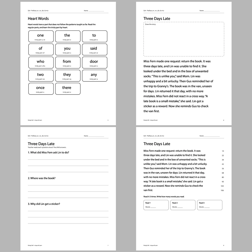 Prefixes un-, re-, dis- & mis- Decodable Readers | 10 Stories 44 Pages | Phonics Printable PDF | Ages 6-9