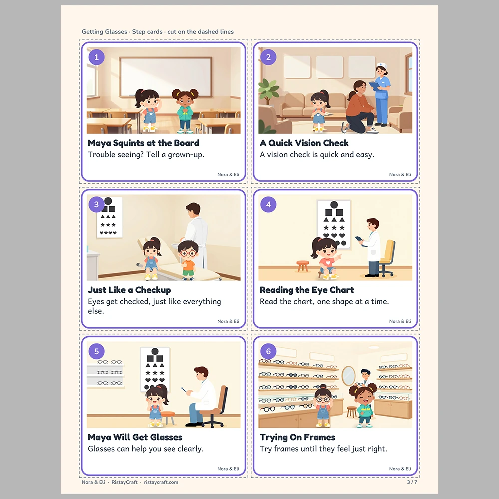 Getting Glasses Picture Step Cards | Printable Visual Sequence Cards for Kids Ages 4–8 | Social Narrative Companion