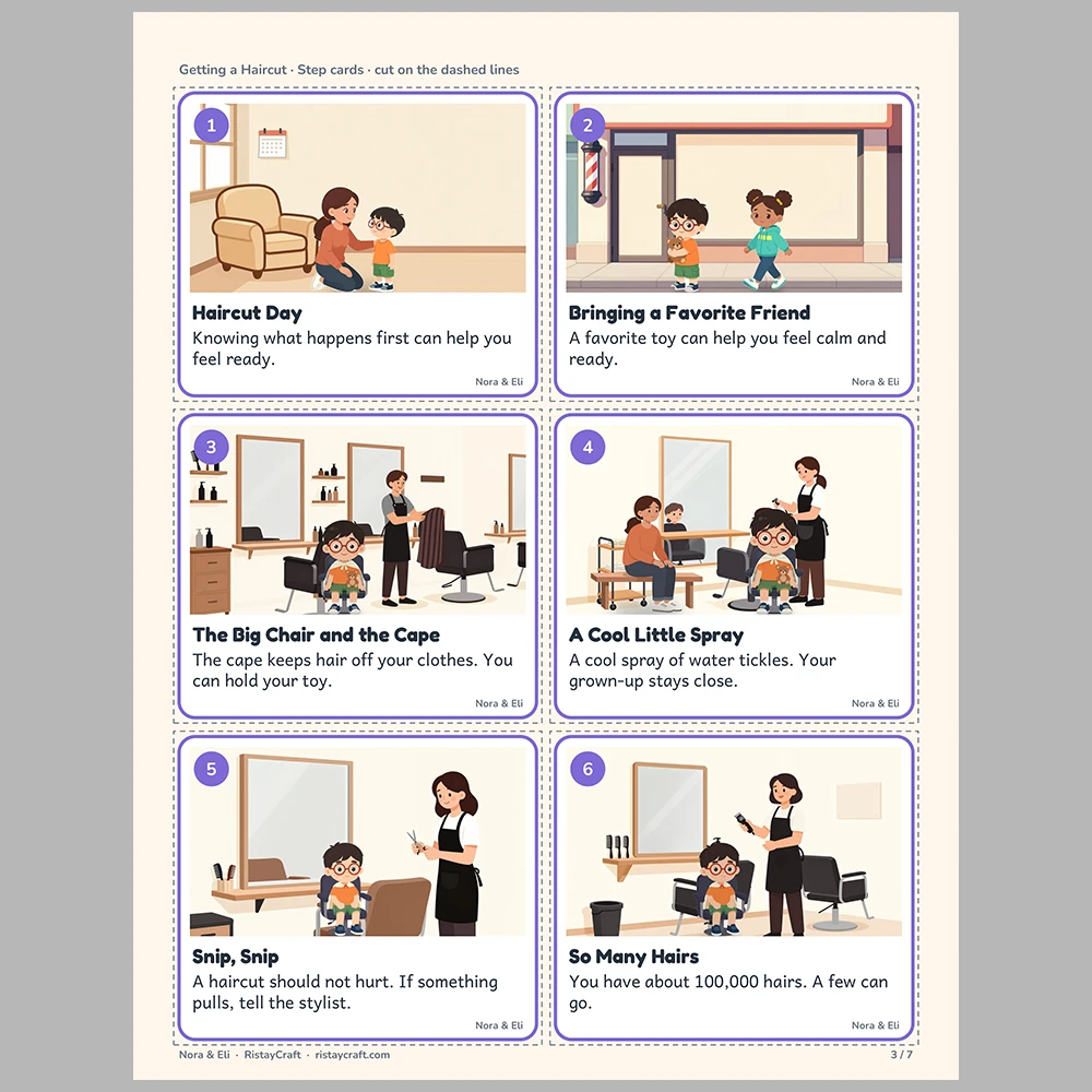 Getting a Haircut Picture Step Cards | Printable Visual Sequence Cards for Kids Ages 4–8 | Social Narrative Companion