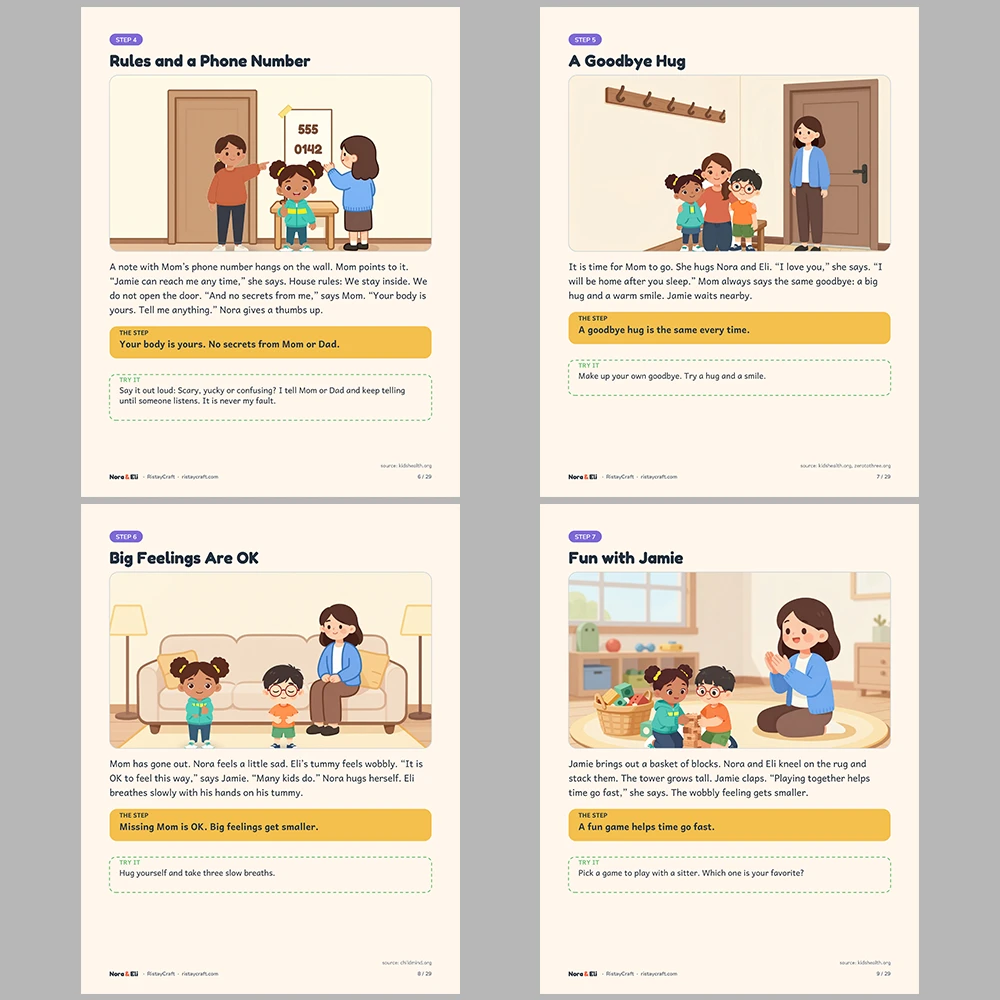 New Babysitter Social Narrative for Kids | 29-Page Printable Big Moment Story Ages 4–8 | Babysitter Goodbye Story Activities