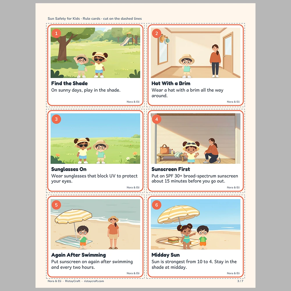 Sun Safety for Kids Picture Rule Cards | Printable Visual Sequence Cards for Kids Ages 5–8 | Safety Rules Companion