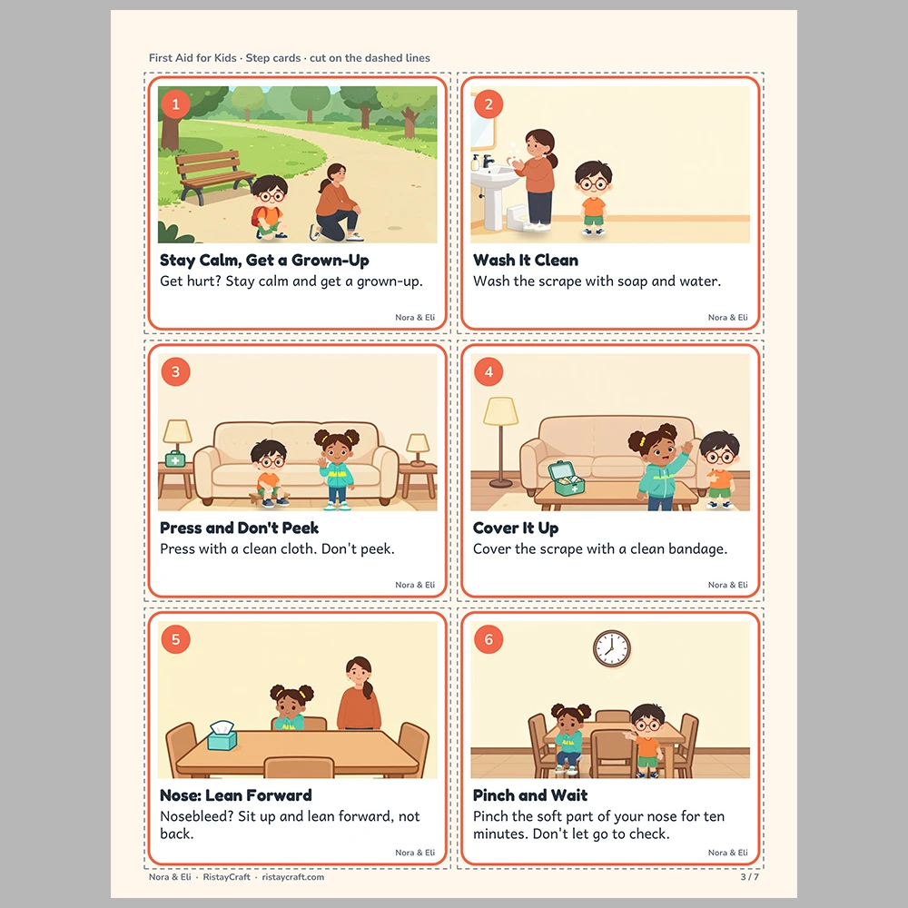 First Aid for Kids Picture Step Cards | Printable Visual Sequence Cards for Kids Ages 5–8 | Safety Rules Companion