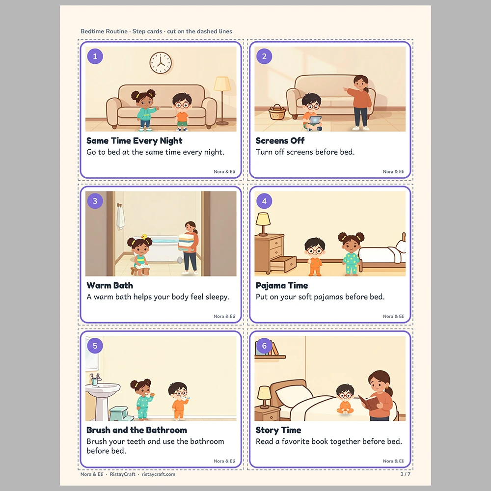 Bedtime Routine Picture Step Cards | Printable Visual Sequence Cards for Kids Ages 4–8 | Social Narrative Companion