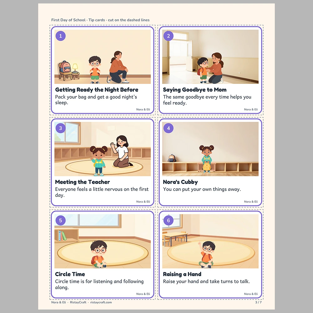 First Day of School Picture Tip Cards | Printable Visual Sequence Cards for Kids Ages 4–8 | Social Narrative Companion