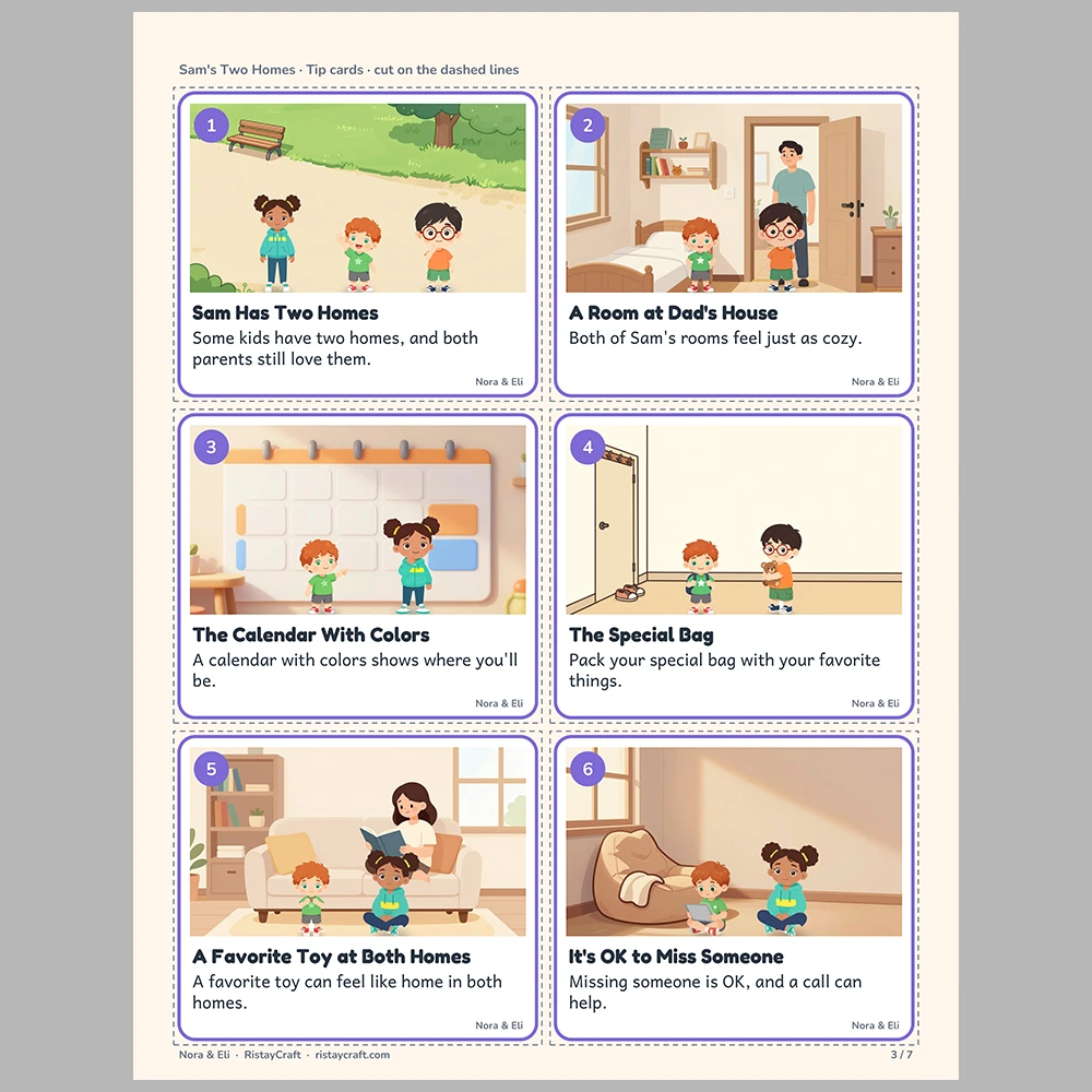 Sam’s Two Homes Picture Tip Cards | Printable Visual Sequence Cards for Kids Ages 4–8 | Social Narrative Companion