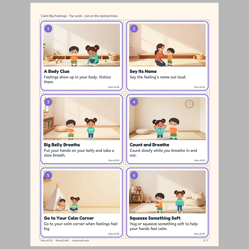 Calm Big Feelings Picture Tip Cards | Printable Visual Sequence Cards for Kids Ages 4–8 | Social Narrative Companion