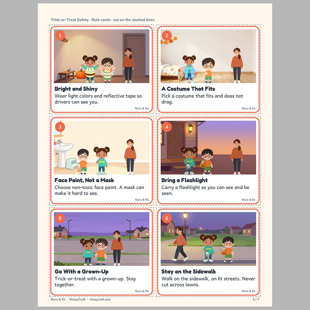 Trick-or-Treat Safety Picture Rule Cards | Printable Visual Sequence Cards for Kids Ages 5–8 | Safety Rules Companion