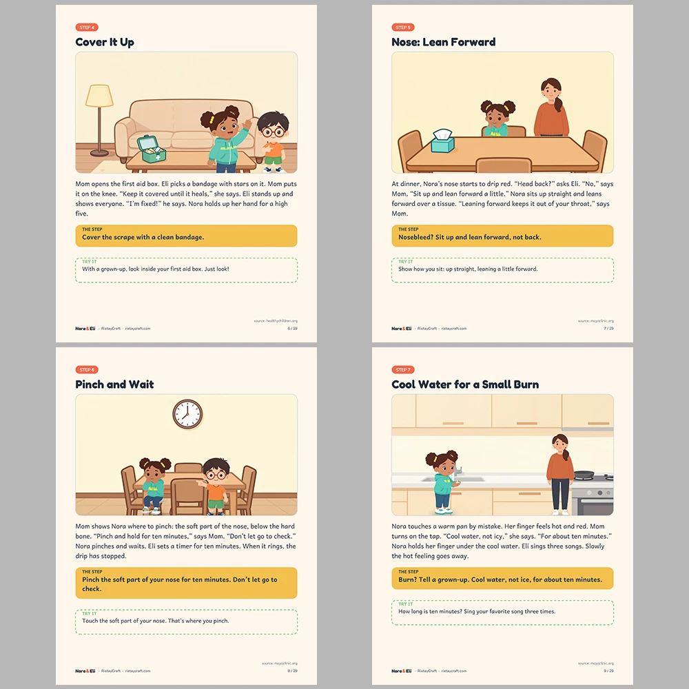 First Aid for Kids Printable | 29-Page Small Hurts First Aid Workbook Ages 5–8 | Scrapes Nosebleeds Stings Stories Activities