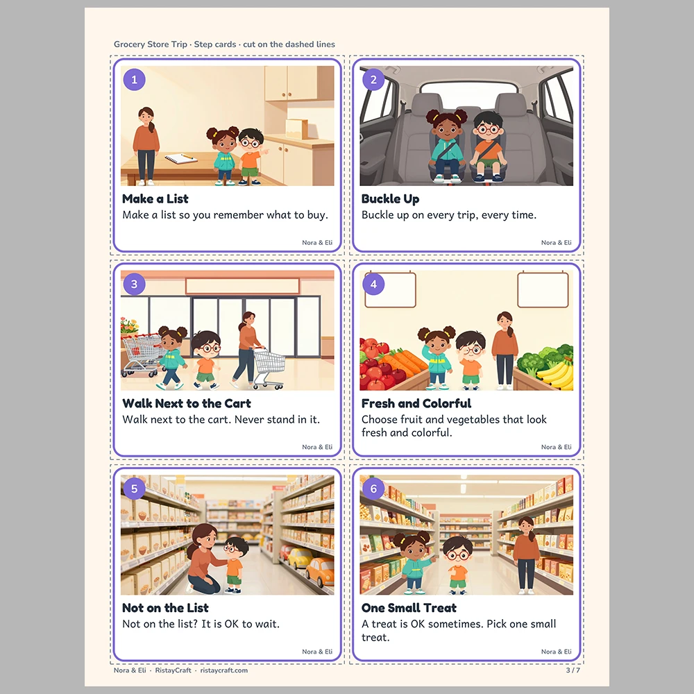 Grocery Store Trip Picture Step Cards | Printable Visual Sequence Cards for Kids Ages 4–8 | Social Narrative Companion
