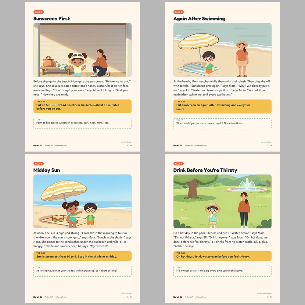 Sun Safety for Kids Printable | 29-Page Summer Heat and Sunscreen Workbook Ages 5–8 | Shade Hat Water Stories Activities