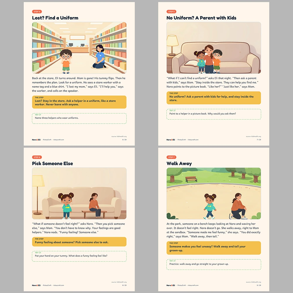 Stranger Safety for Kids Printable | 29-Page Lost Child and Safe Helpers Workbook Ages 5–8 | Check First Stories Activities
