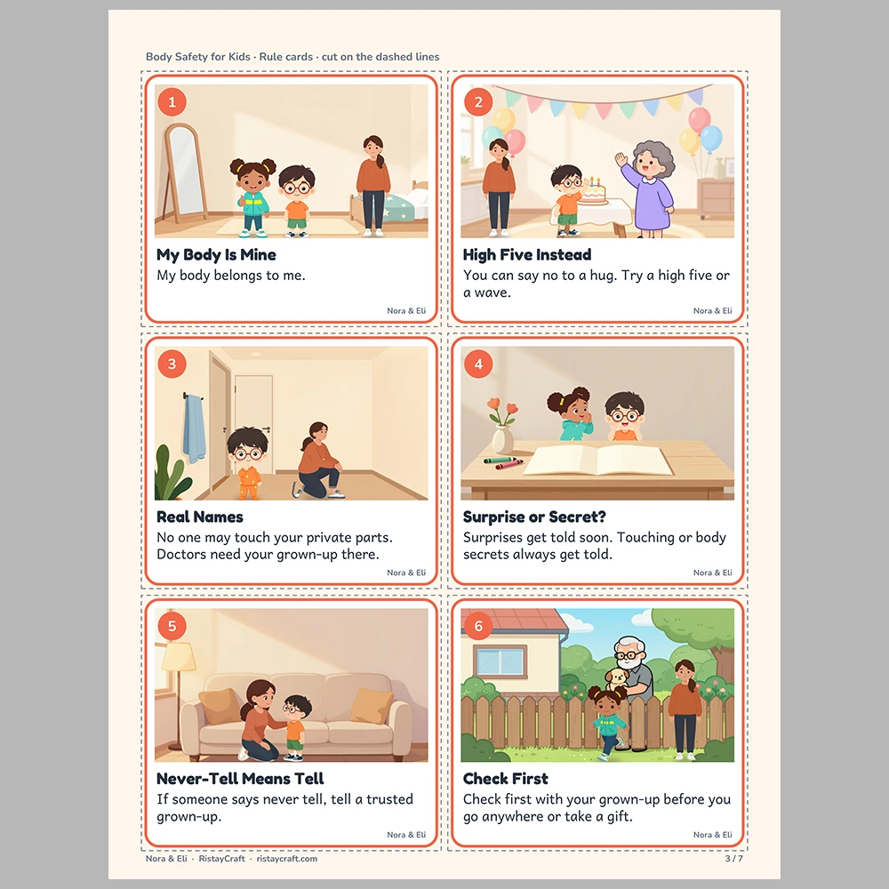Body Safety for Kids Picture Rule Cards | Printable Visual Sequence Cards for Kids Ages 5–8 | Safety Rules Companion