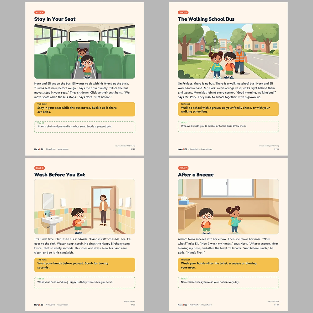 School Safety for Kids Printable | 29-Page Back to School Rules Workbook Ages 5–8 | Bus Handwashing Bullying Stories Activities