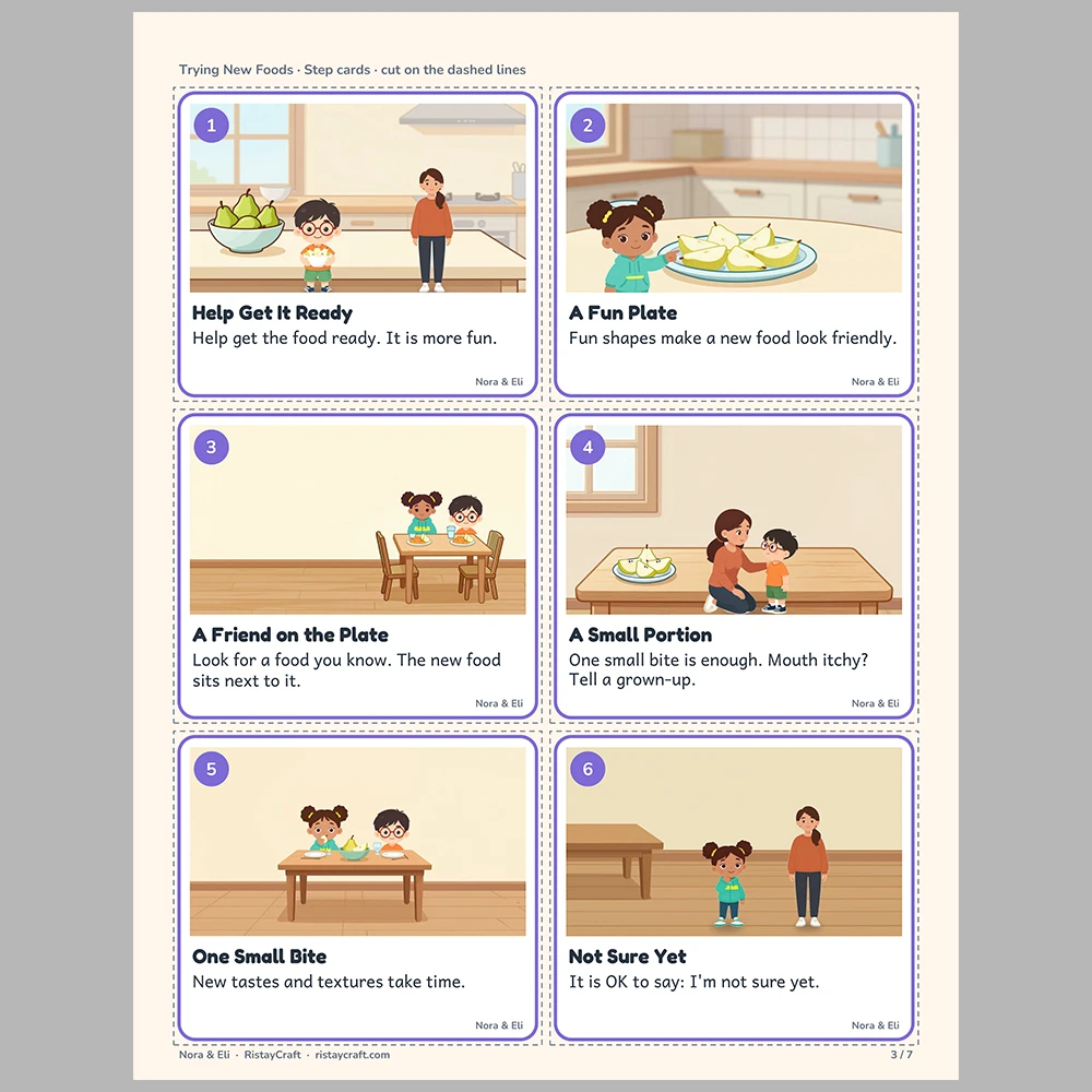 Trying New Foods Picture Step Cards | Printable Visual Sequence Cards for Kids Ages 4–8 | Social Narrative Companion