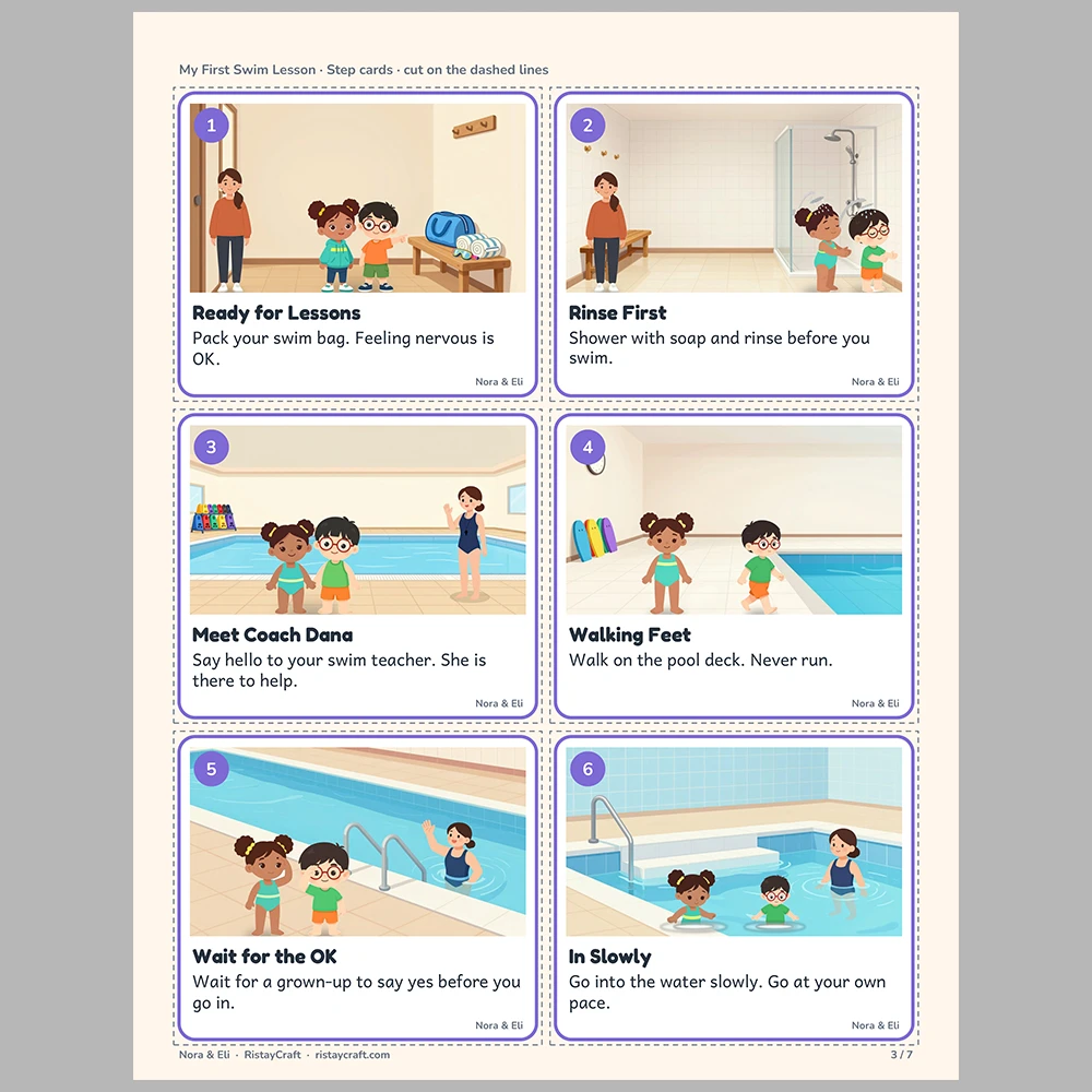My First Swim Lesson Picture Step Cards | Printable Visual Sequence Cards for Kids Ages 4–8 | Social Narrative Companion