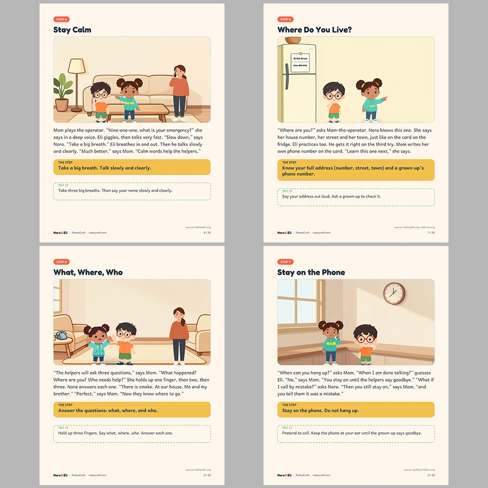 How to Call 911 for Kids Printable | 29-Page Emergency Safety Workbook Ages 5–8 | Stories Activities Address Card