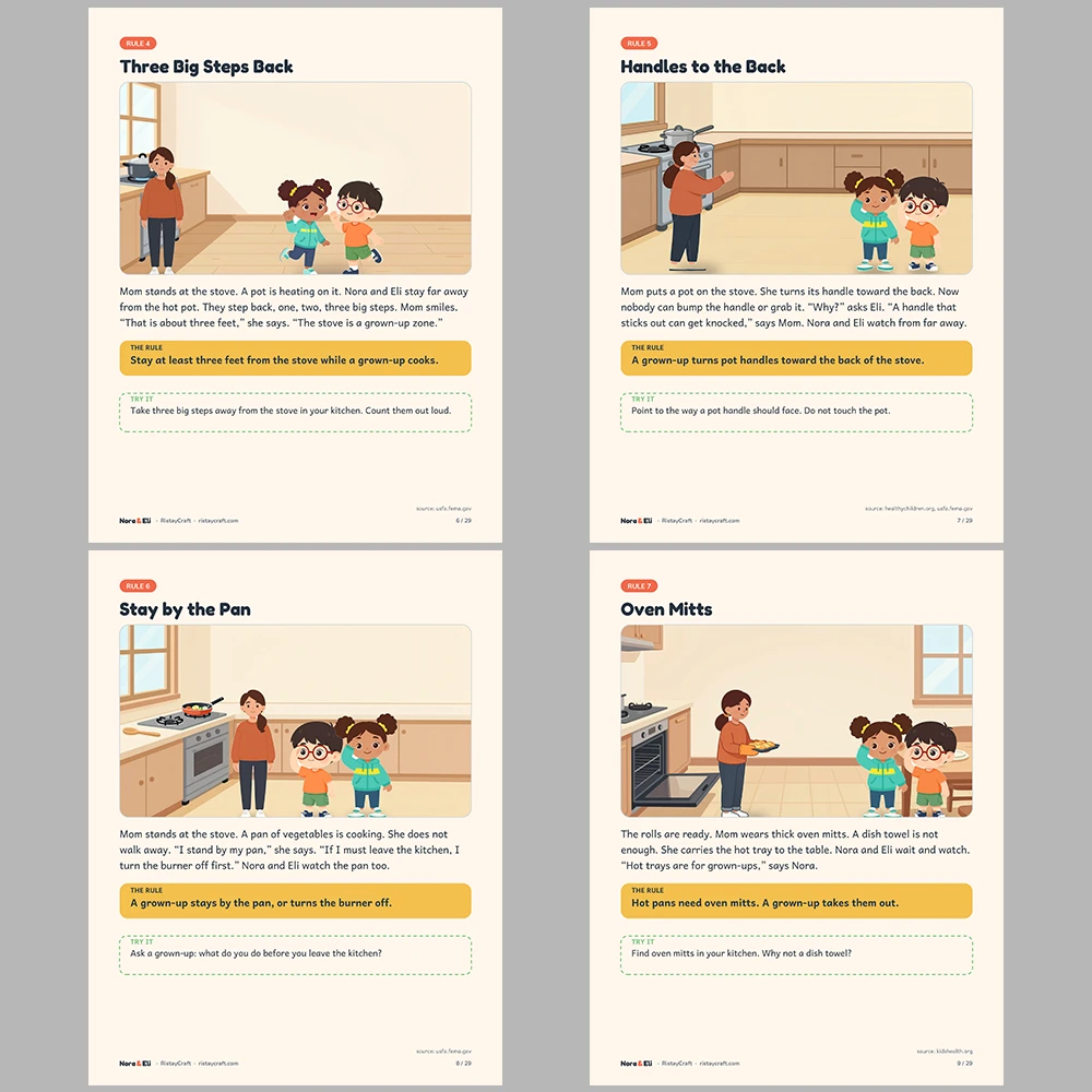Kitchen Safety for Kids Printable | 29-Page Cooking Safety Workbook Ages 5–8 | Stove Hot Pan Handwashing Stories Activities