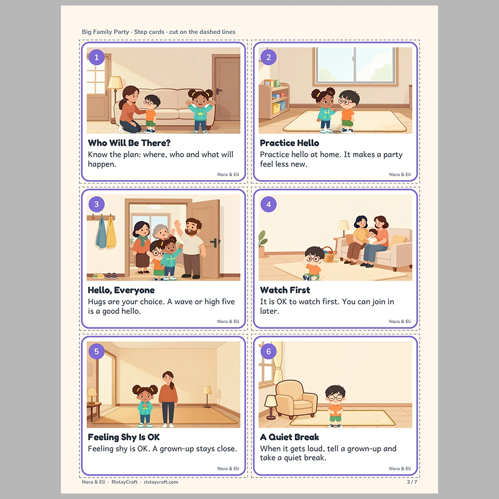 Big Family Party Picture Step Cards | Printable Visual Sequence Cards for Kids Ages 4–8 | Social Narrative Companion