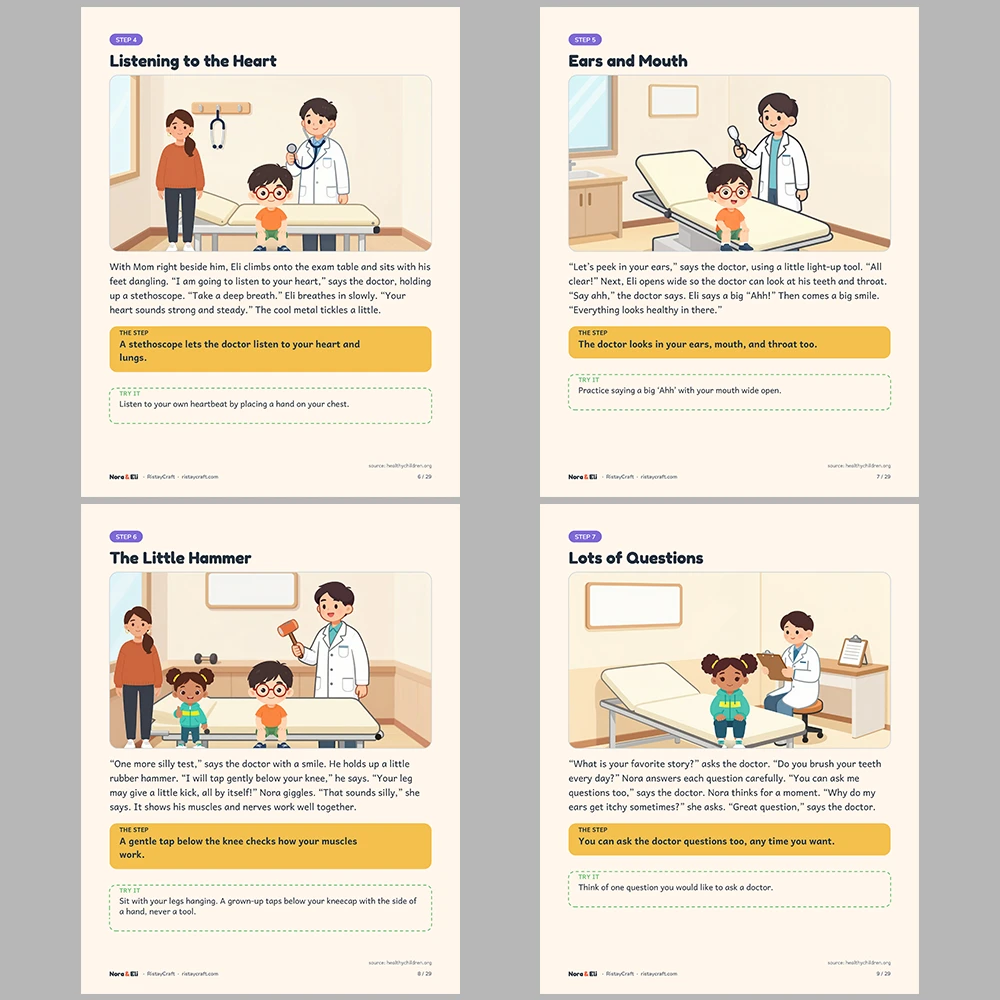 Doctor Checkup Social Narrative for Kids | 29-Page Printable Big Moment Story Ages 4–8 | Well-Child Visit Story Activities