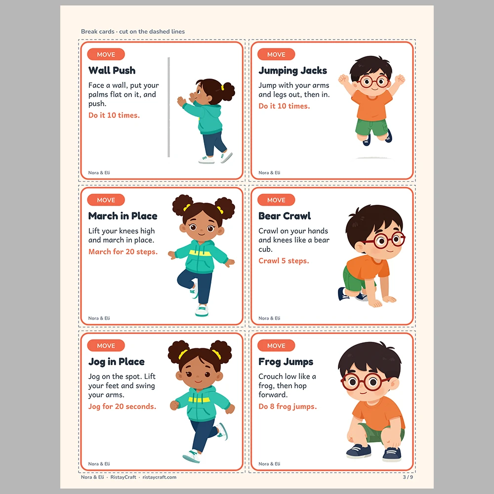 Movement & Calm Break Cards for Kids, Printable Brain Break Cards Ages 4-8, Classroom Calm Corner, Nora & Eli