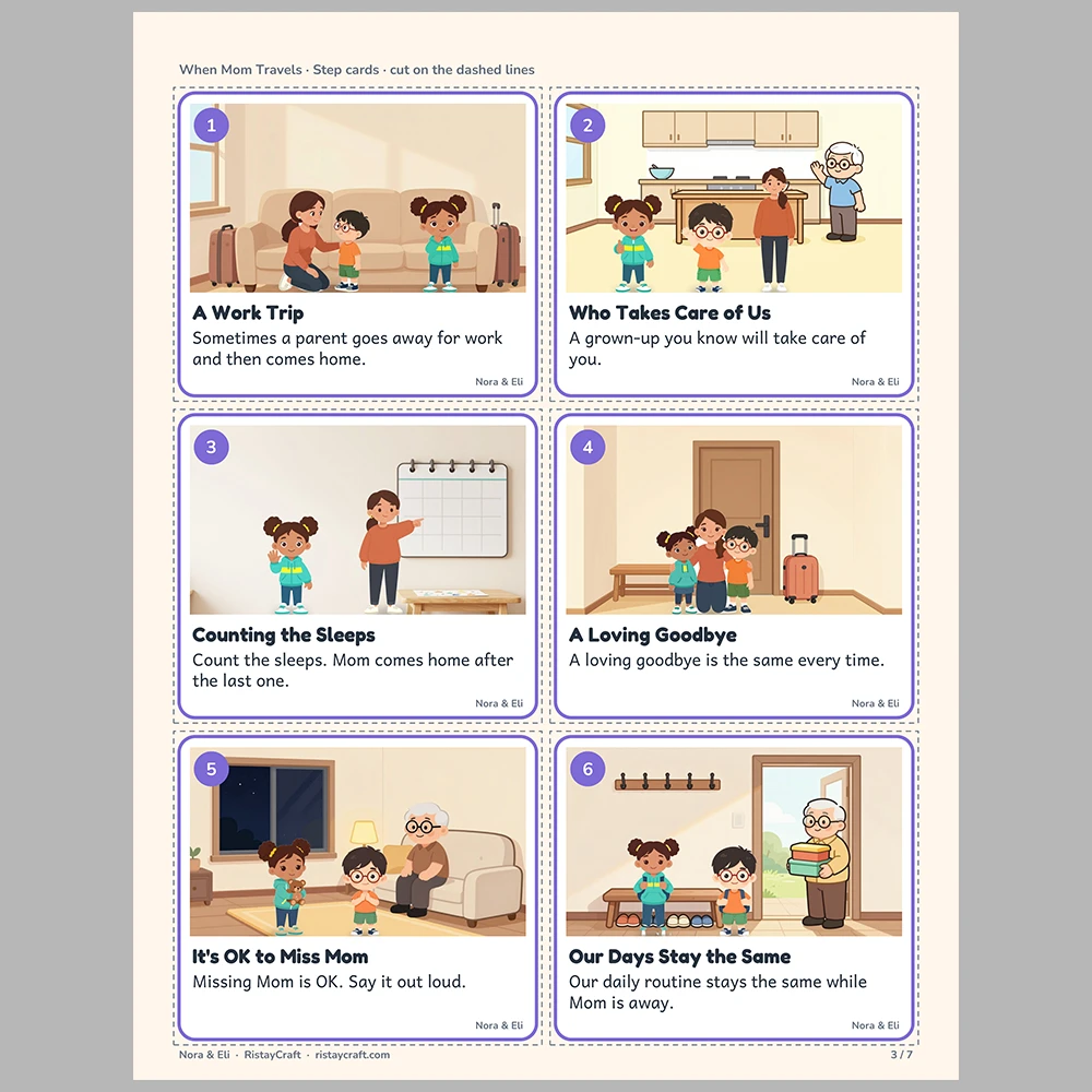 When Mom Travels Picture Step Cards | Printable Visual Sequence Cards for Kids Ages 4–8 | Social Narrative Companion