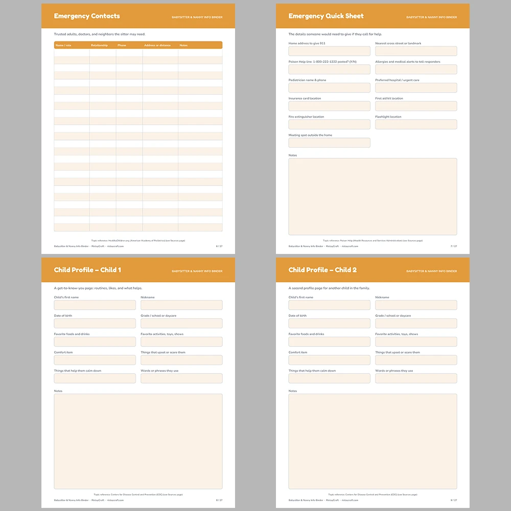 Babysitter Binder Printable | Nanny Info Sheet | Emergency Contacts, Child Profile, Bedtime Routine, Sitter Notes | Instant Download PDF