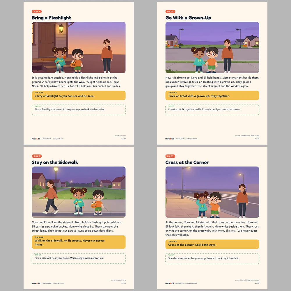 Halloween Safety for Kids Printable | 29-Page Trick-or-Treat Safety Workbook Ages 5–8 | Costume Flashlight Crosswalk Activities