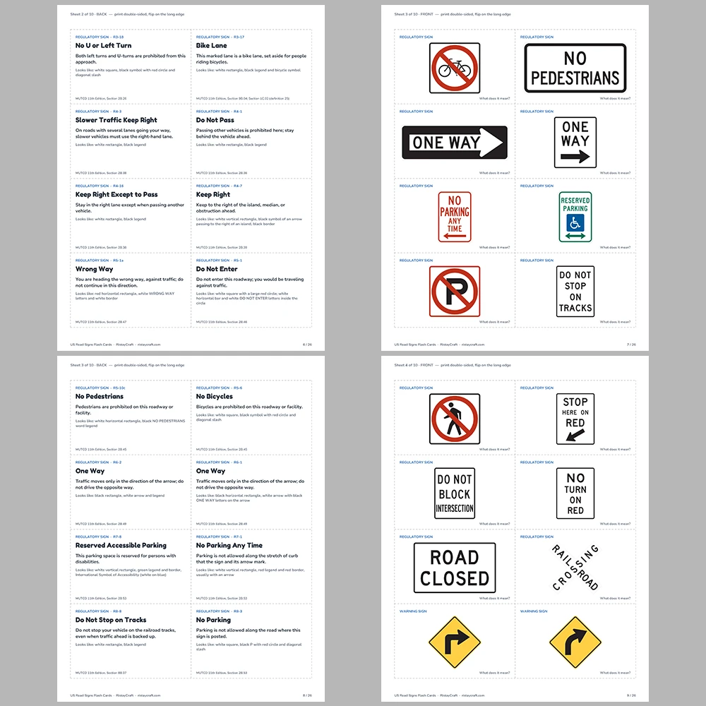 US Road Signs Flash Cards | 75 Real US Traffic Signs with Meanings | Driver’s Ed & Permit Test Study Cards | Printable PDF