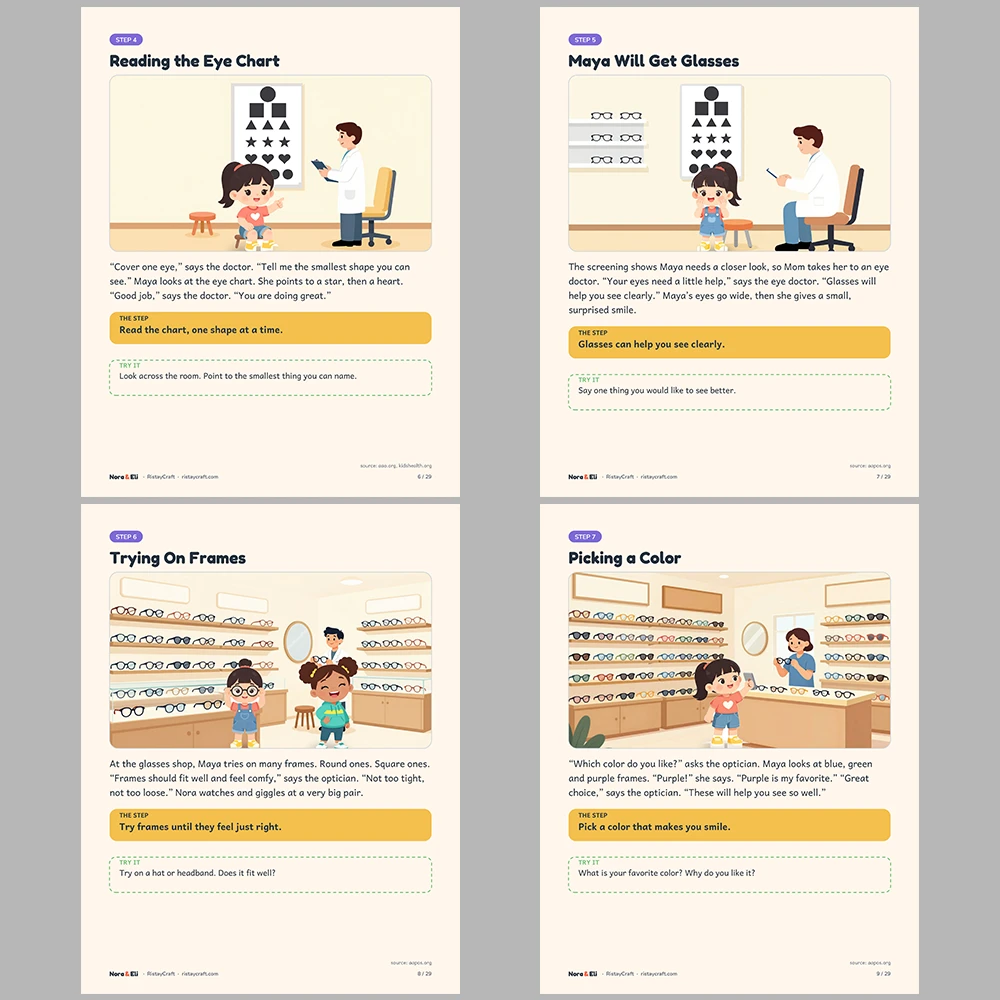 Getting Glasses Social Narrative for Kids | 29-Page Printable Big Moment Story Ages 4–8 | Eye Exam Frames Activities