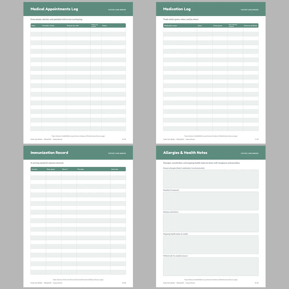 Foster Care Binder Printable | Foster Parent Organizer | Placement, Medical, School & Contact Log | Instant Download PDF