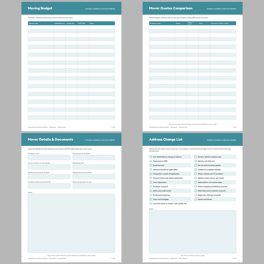 Moving Planner Binder Printable | Moving Checklist, Box Inventory, Budget & Address Change List | Instant Download PDF