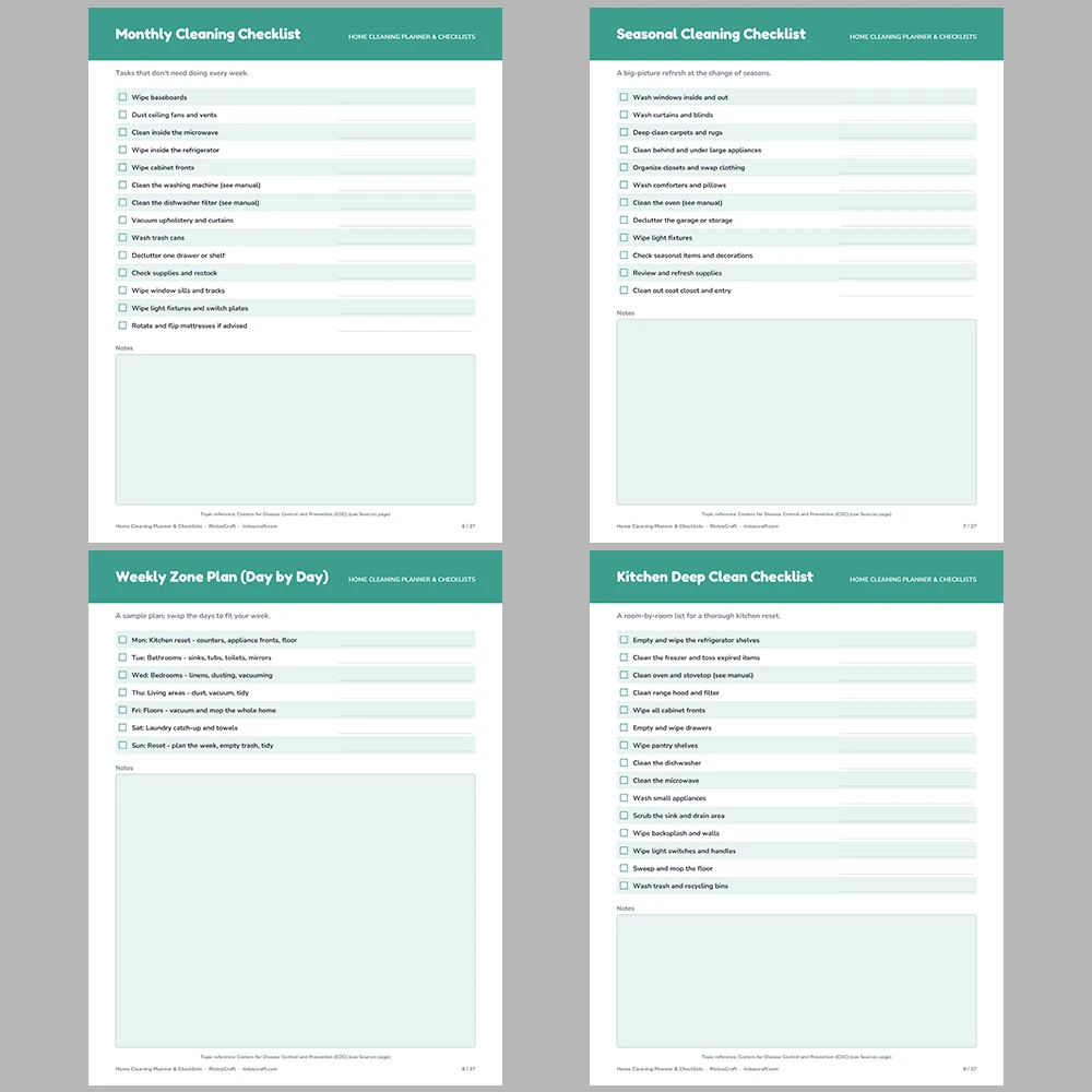Home Cleaning Planner Printable | Cleaning Checklists, Chore Chart, Deep Clean Room Lists, Supplies Inventory & Calendar | Fillable PDF