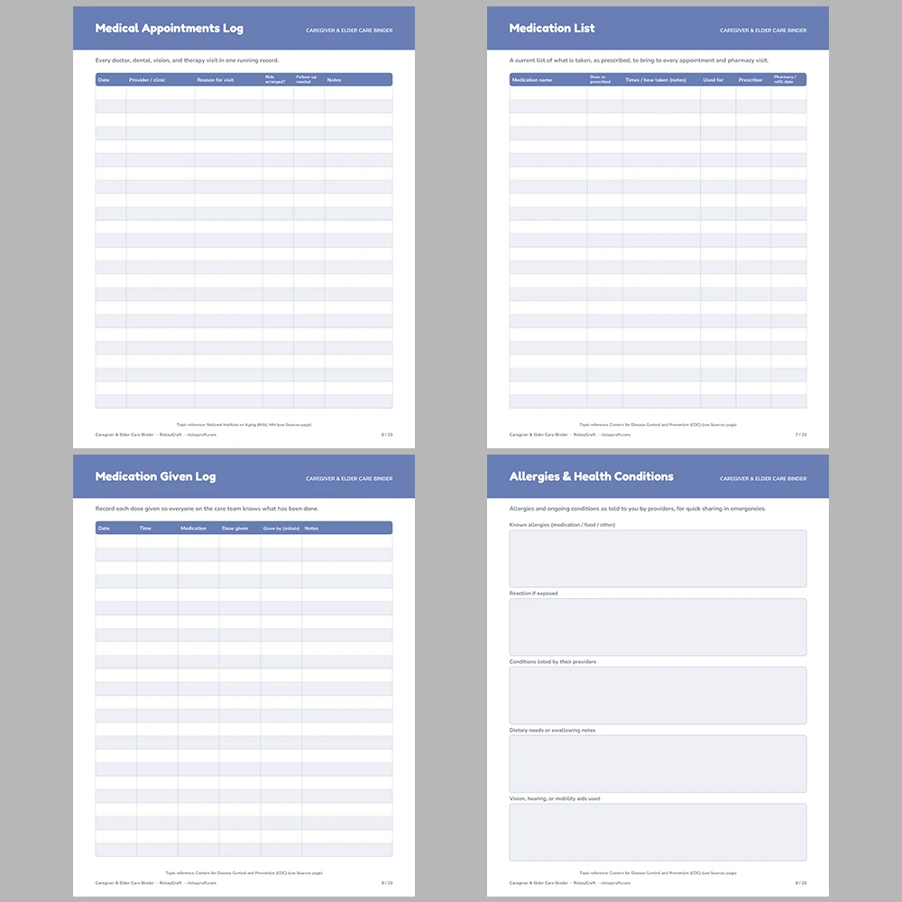 Caregiver Binder Printable | Elder Care Organizer | Medication, Appointments, Care Schedule & Handoff Log | Instant Download PDF