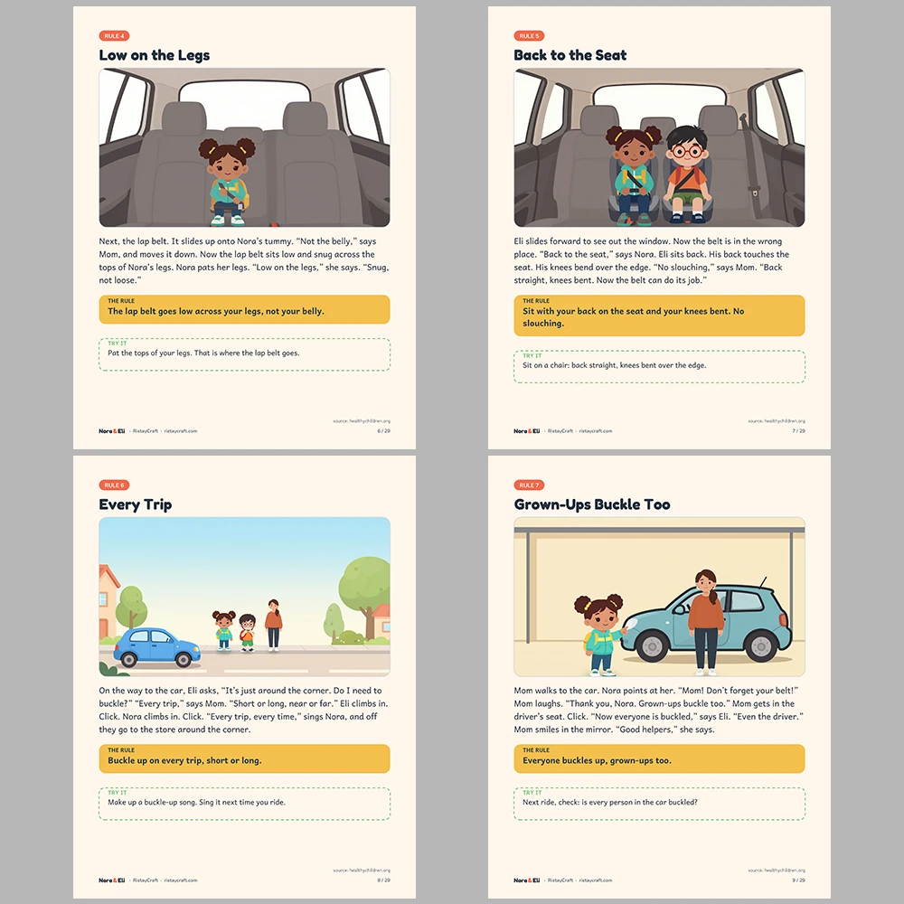 Car Safety for Kids Printable | 29-Page Seat Belt and Booster Seat Workbook Ages 5–8 | Buckle Up Stories Activities